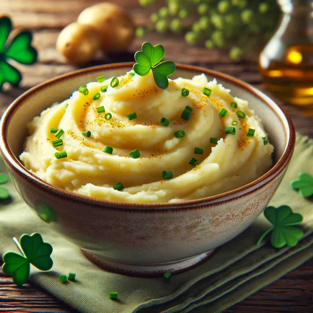 A vibrant photo showcasing the Emerald Isle Cannabutter Mash, a creamy, green-tinted potato dish infused with rich cannabutter, garnished with fresh herbs, ready to enhance St. Patrick's Day celebrations with its gourmet twist.