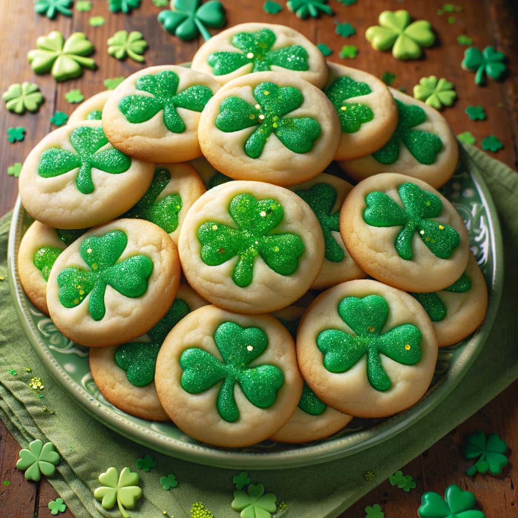 A delightful image of Lucky Leprechaun Cannabutter Cookies, featuring golden-brown edges with a soft, chewy center, sprinkled with green sugar crystals, embodying the festive spirit of St. Patrick's Day with a gourmet cannabutter twist.